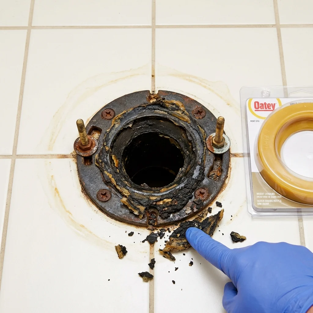Failed wax ring showing water seepage at the base of a toilet in a Highland, KS home