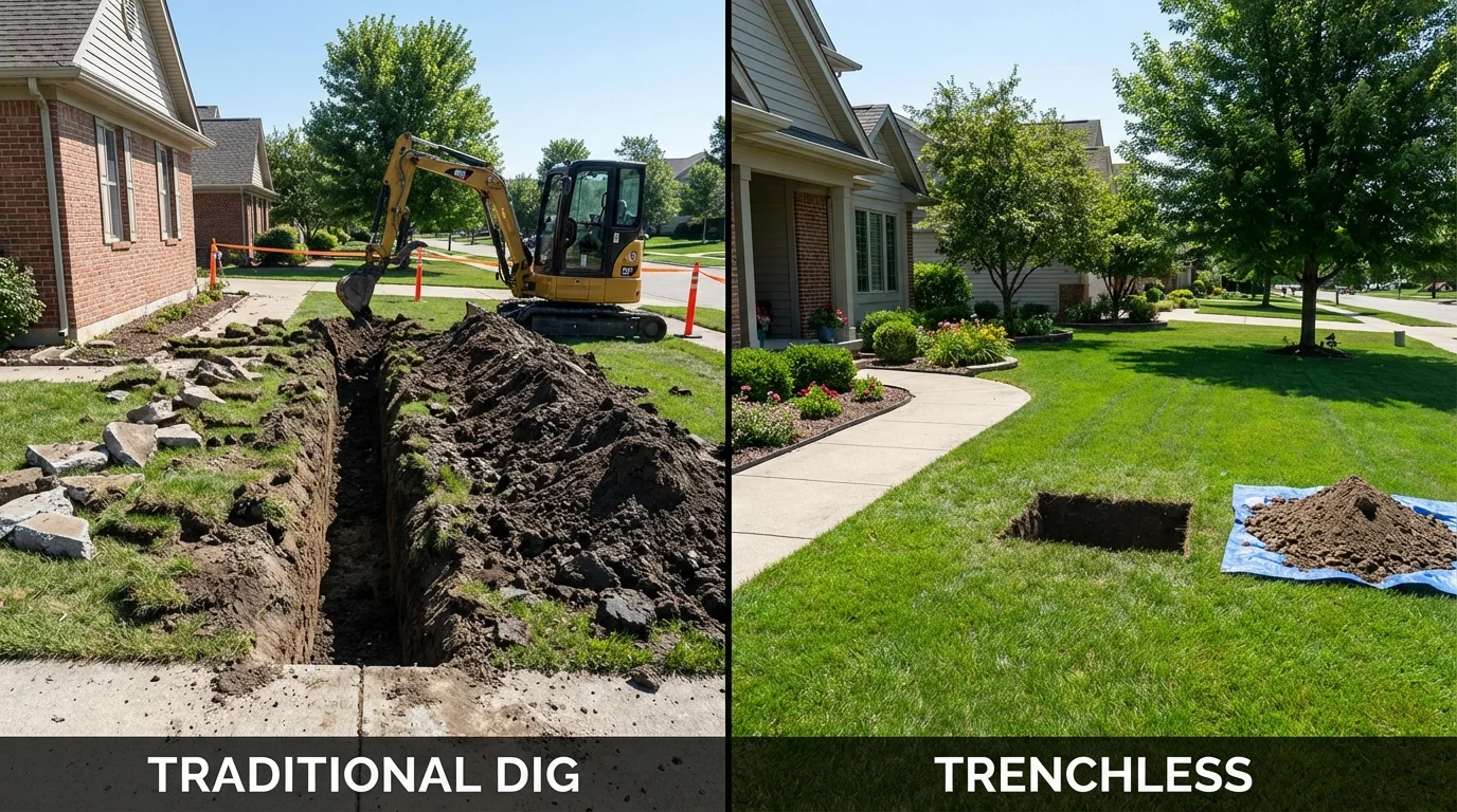 Trenchless sewer repair with minimal yard damage versus traditional excavation in Highland, KS