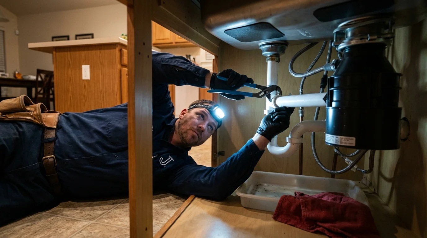 P-trap and supply line connections under a kitchen sink showing a common leak point in Highland, KS